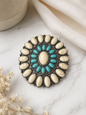 Turquoise and Cream Western Brooch